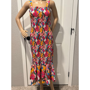 Women's Unbranded Midi Sun Dress S Pink Multi-color Floral Smocked